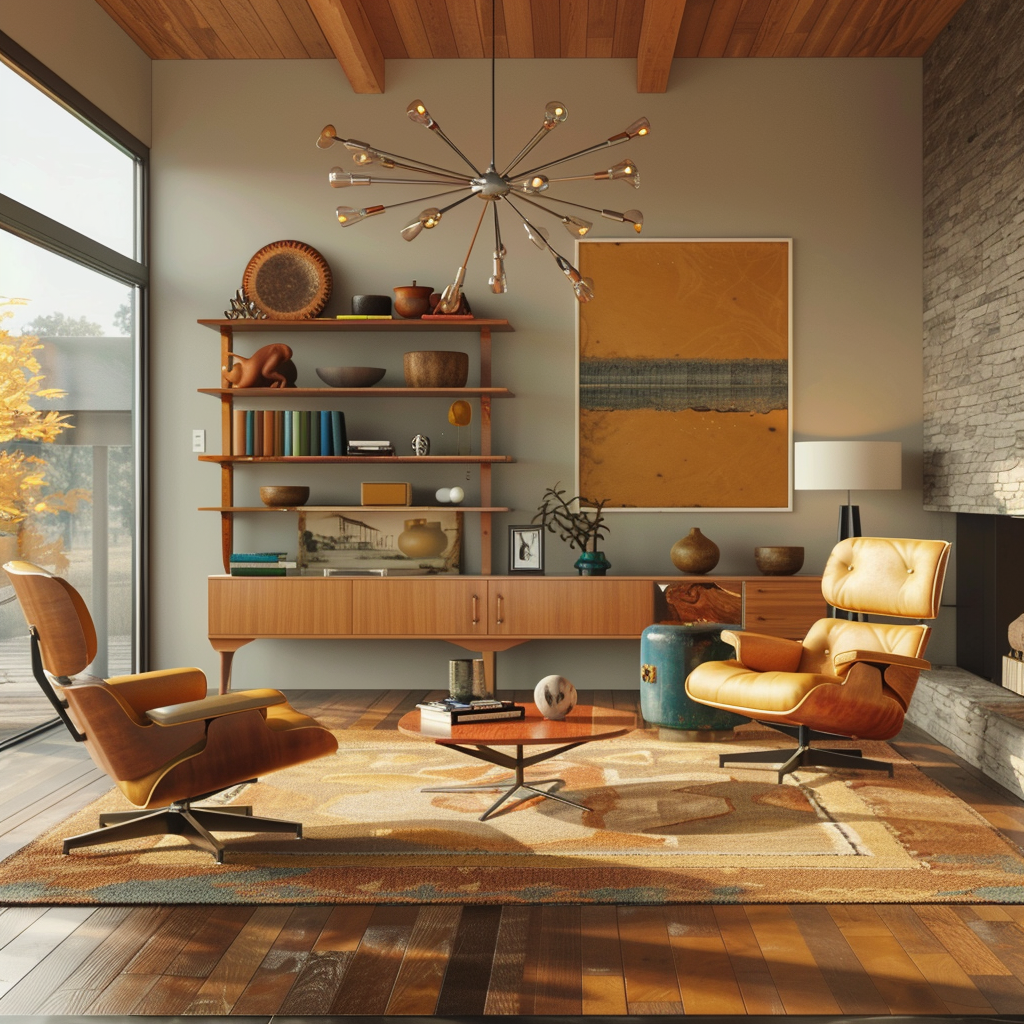 Mid-century modern living room with clean lines, organic shapes, and minimal ornamentation, featuring a low-profile couch, Eames lounge chair, Noguchi coffee table, and modular shelving unit, in a warm color palette, illuminated by natural light and starburst chandeliers.