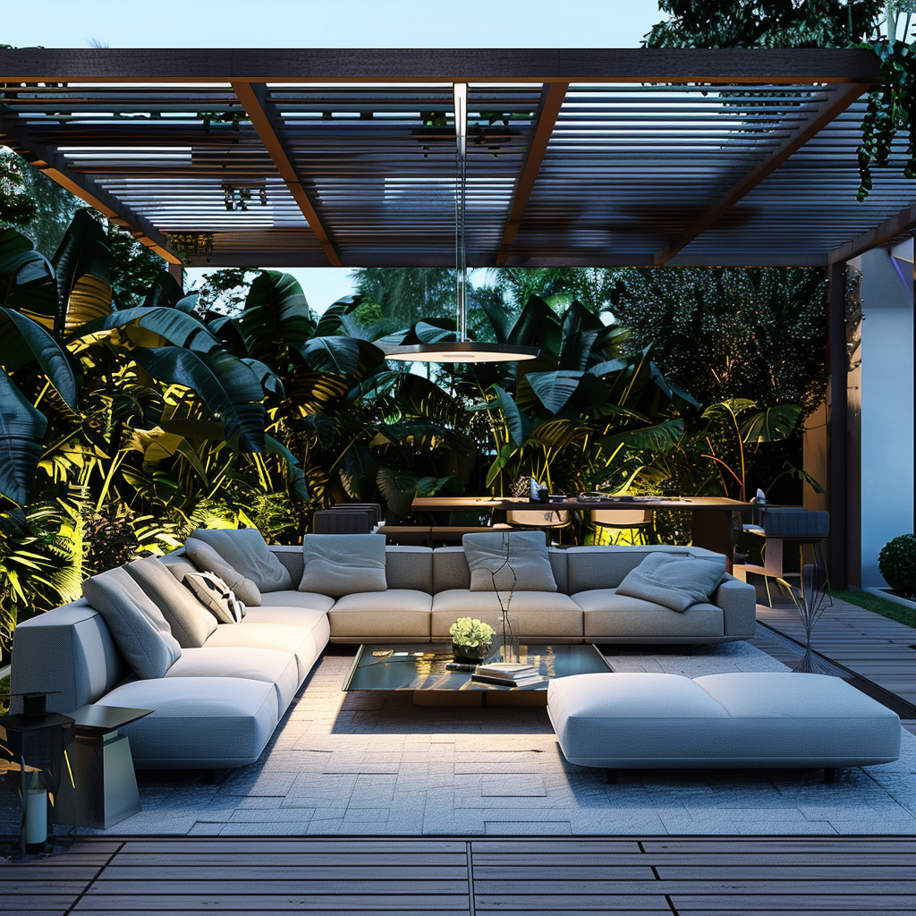 Photorealistic image of a modern outdoor living space featuring a U-shaped white modular sofa, interactive smart LED table, advanced outdoor kitchen, all-weather entertainment system, and smart ambient lighting elements, captured in 8K resolution.