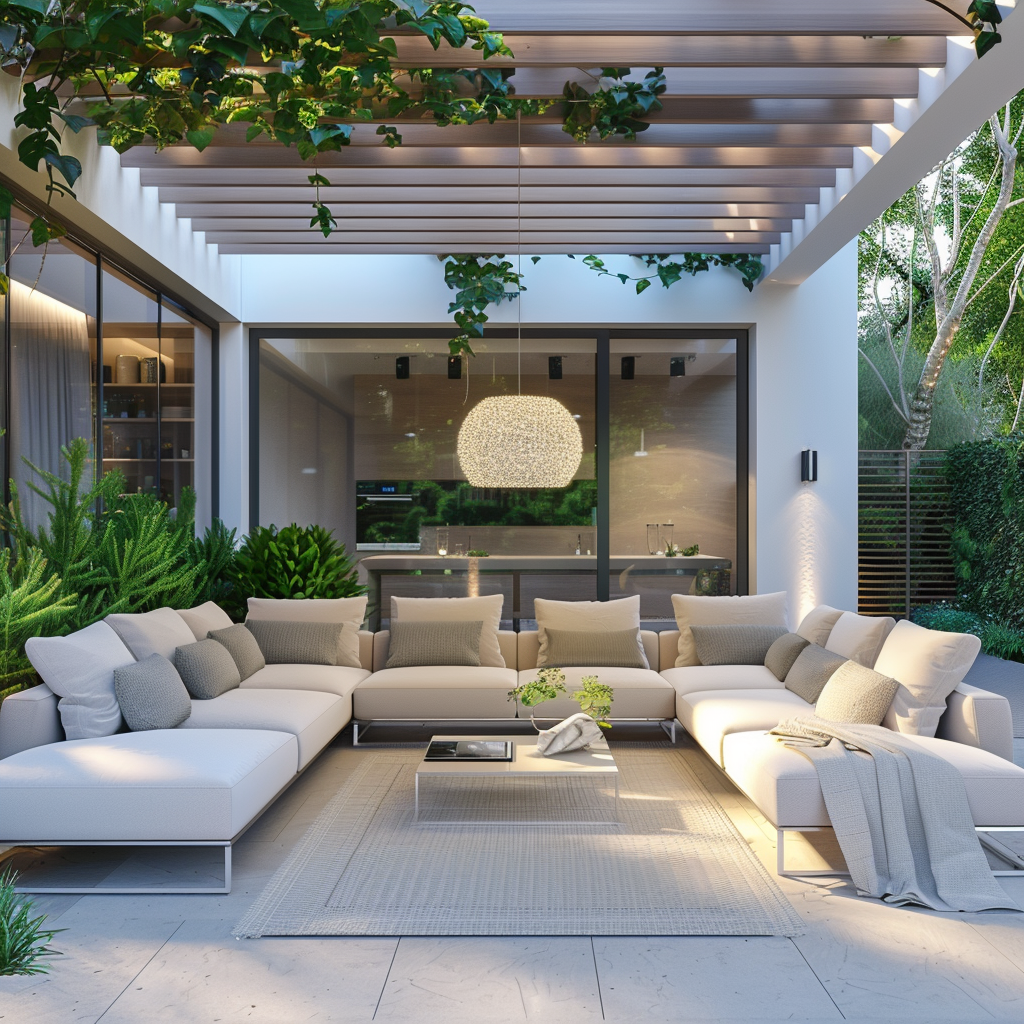 A photorealistic image of an innovative outdoor living space featuring a sleek, white U-shaped modular sofa set around a smart LED table, smart ambient lighting pendant, advanced outdoor kitchen with intelligent appliances, and retractable screen entertainment system, all in a minimalist design with monochromatic tones and green plant accents.