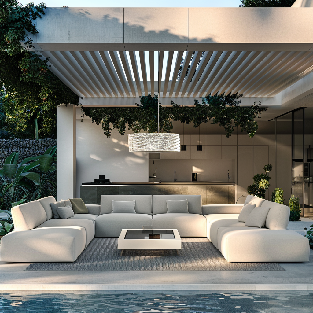 Photorealistic image of a modern outdoor living space with smart technology, featuring white modular U-shaped sofa, interactive LED table, advanced outdoor kitchen, and all-weather entertainment system. Monochromatic design with green plant accents, ambient hanging pendant light, and in-ground LED spotlights.