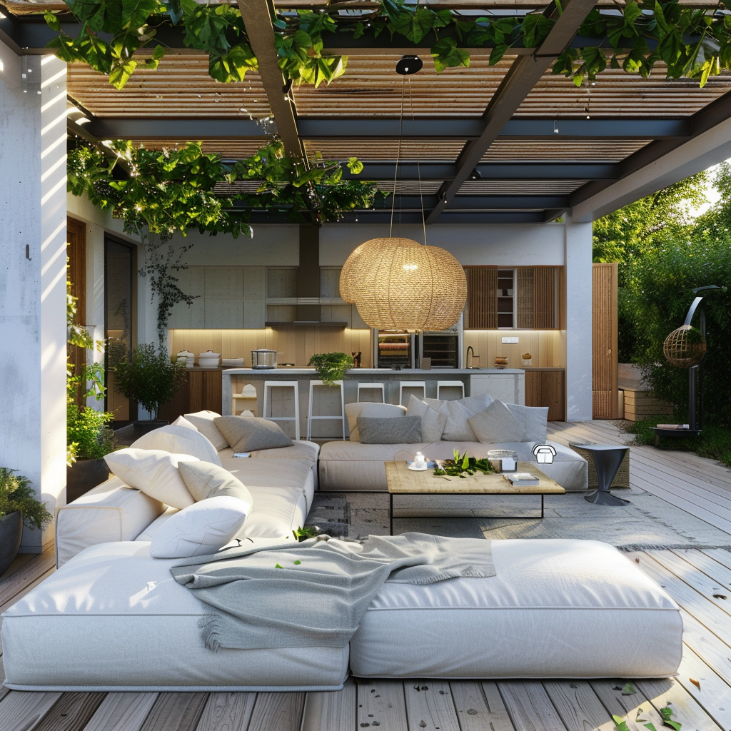 Photorealistic image of an innovative outdoor living space with a minimalist design, featuring a white modular sofa set in a U-shape around an interactive smart LED table, artistically designed pendant light, in-ground LED spotlights, advanced outdoor kitchen with stainless steel appliances, and an all-weather entertainment system. The scene is captured in 8K resolution, showcasing green plant accents, durable composites, and soft gray upholstery.