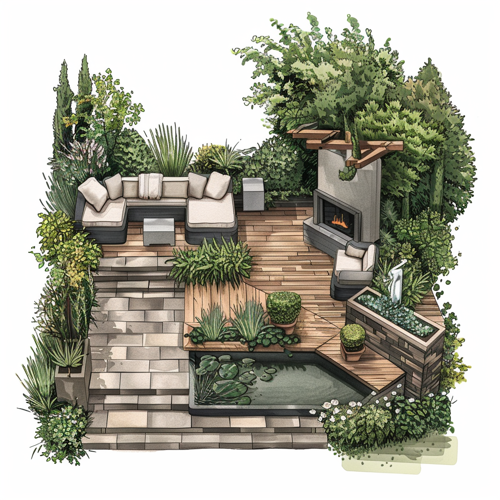 High-quality illustrations showcasing various garden layouts designed for outdoor living spaces, featuring modern, traditional, and minimalist styles, with consistent color palettes, strategic furniture placement, realistic lighting, and unique features like sculptural pieces and water fountains.