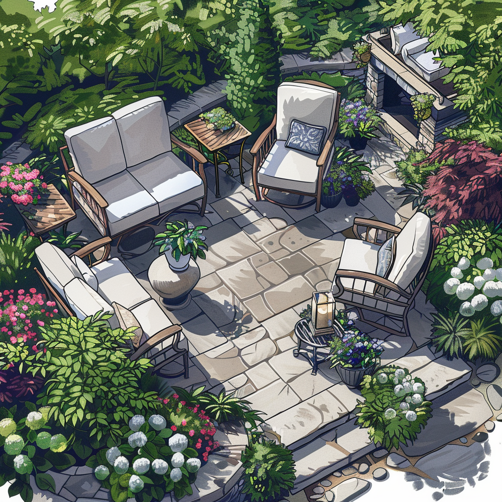 High-quality illustrations in 8K resolution of garden layouts designed to complement outdoor living spaces, showcasing modern, traditional, and minimalist styles with furniture, flora, and unique features like sculptures, water fountains, and fire features.