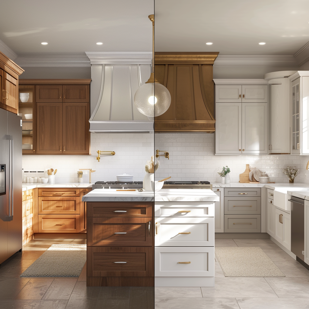 Side-by-side comparison of a kitchen upgrade: the left image shows a traditional kitchen with beige and brown tones, oak cabinets, and minimal lighting. The right image depicts a modern, luxurious kitchen with white and gray colors, sleek cabinetry, high-end appliances, and ample lighting.