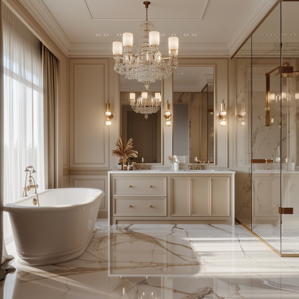 Photorealistic image of a luxurious bathroom featuring a freestanding claw-footed bathtub, double vanity with marble countertops and gold fixtures, white marble flooring, and a grand crystal chandelier, captured in 8K resolution with natural and artificial lighting.