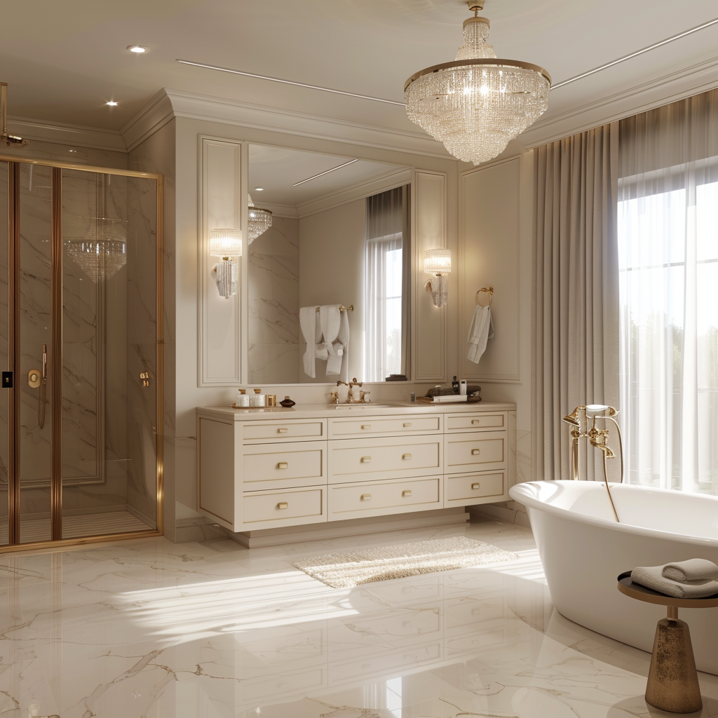 Luxurious ivory bathroom with a claw-foot tub, marble vanity, and crystal chandelier, shot in 8K resolution.