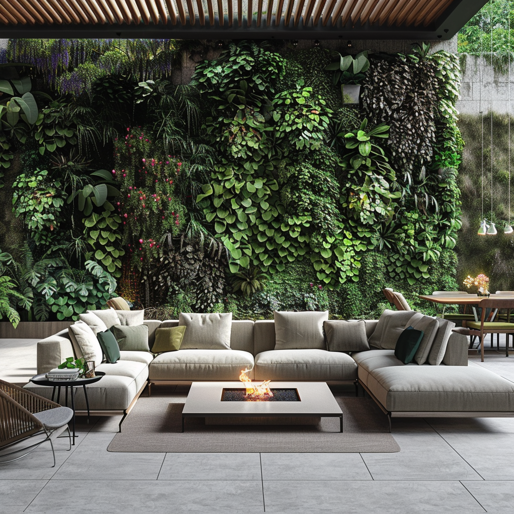 A luxurious and modern outdoor living room with contemporary style, featuring a gray modular sofa set, a low-profile fire pit coffee table, rattan lounge chairs, a teak dining table, and automated vertical gardens. The space is illuminated by natural daylight and LED garden lights, with a weather-resistant pergola overhead.