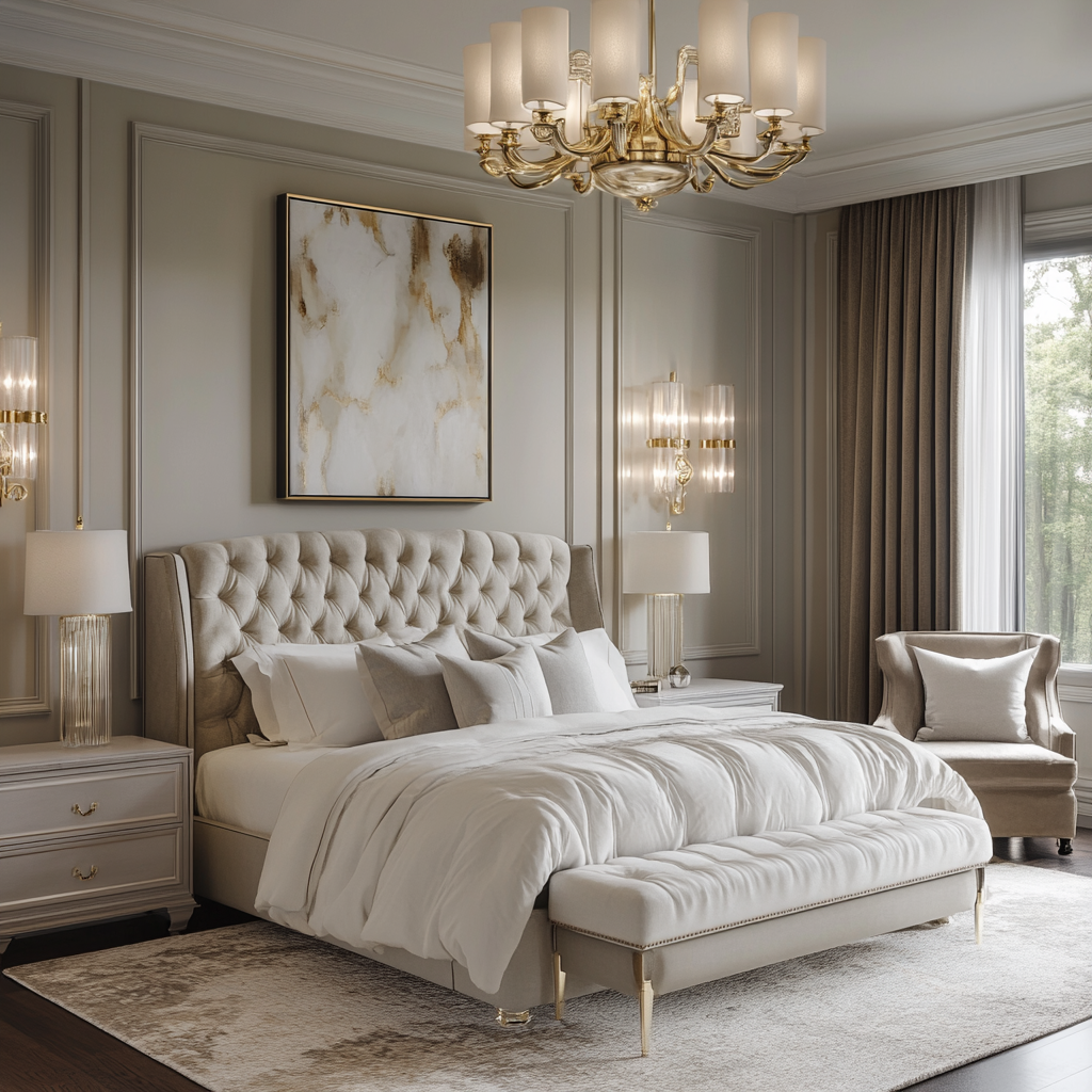 A luxurious couple's bedroom with a blend of modern and traditional design elements, featuring a king-sized bed with a tufted headboard, marble-topped nightstands, a French-inspired dressing area, a cozy reading nook, and a chandelier casting soft light.