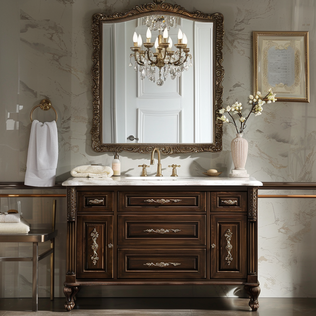 Antique-style bathroom vanity with rich dark wood, ornate carvings, a marble countertop, brass hardware, and a gilded mirror, illuminated by a crystal chandelier.