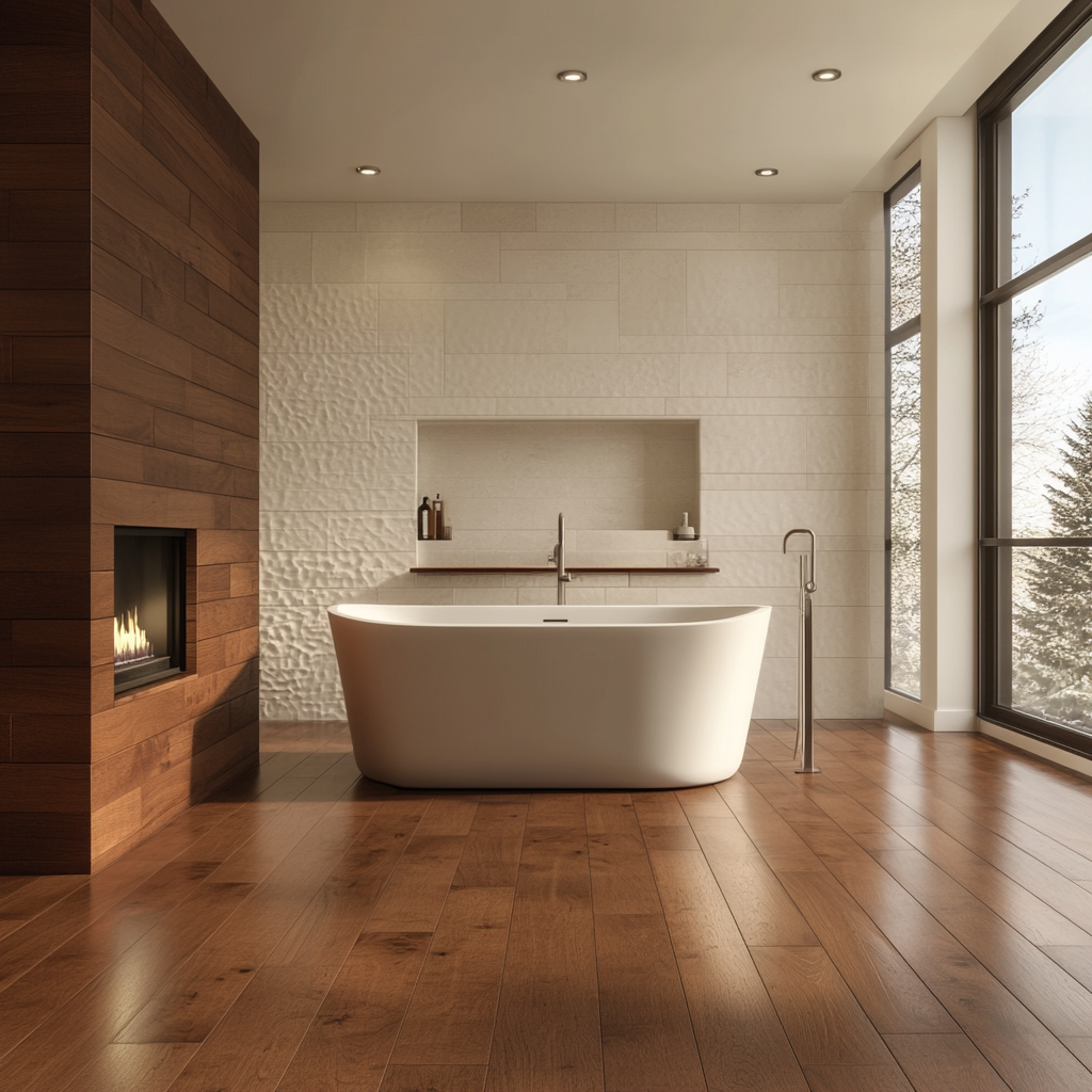 8K resolution image of a luxurious bathroom with exotic hardwood floors, a freestanding white bathtub, brushed bronze fixtures, a floating vanity against a stone wall, and a cozy fireplace. Natural and artificial lighting enhance the serene, opulent ambiance.