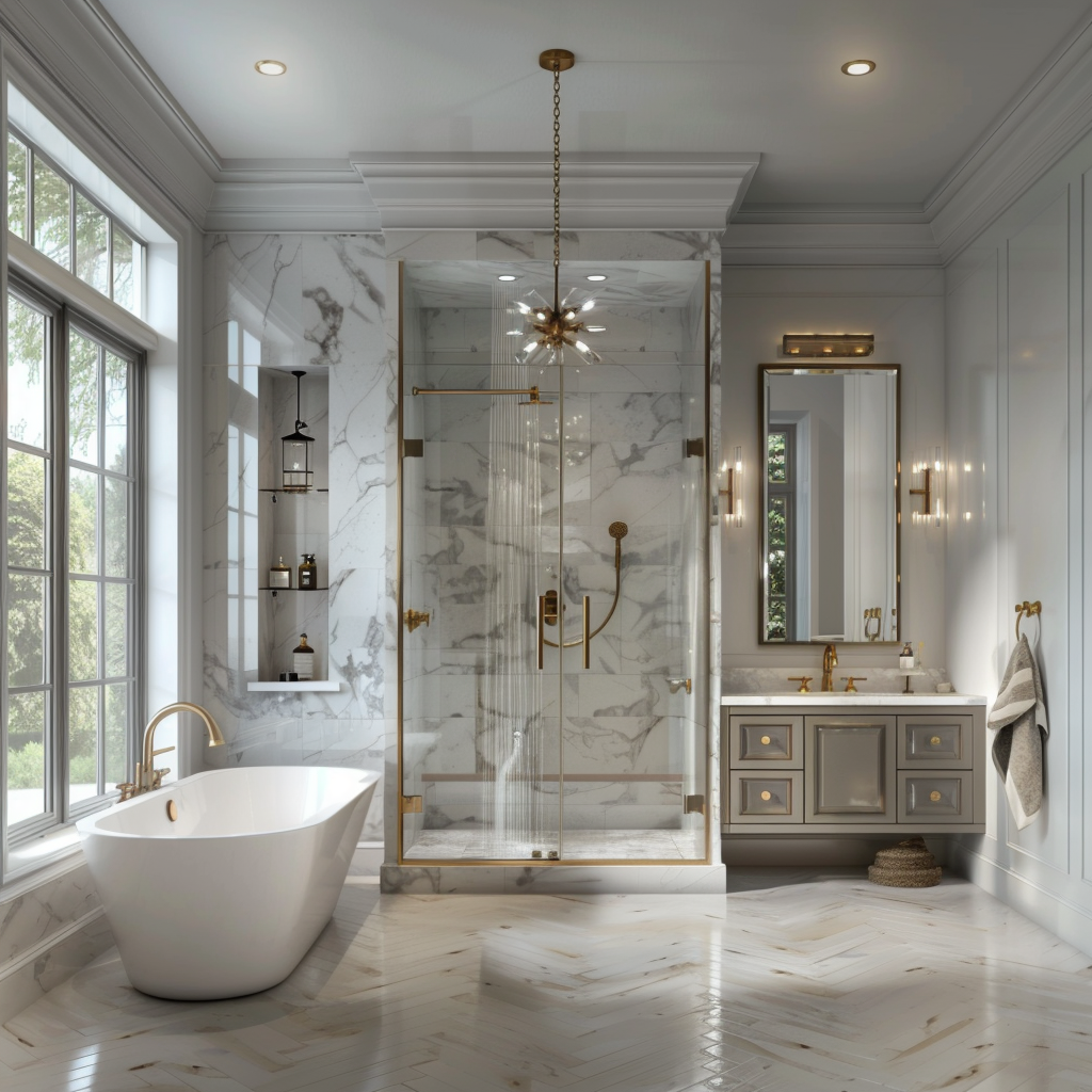 A luxurious bathroom with a waterfall shower, featuring a blend of modern and classic design, serene color palette, and elegant furnishings including a freestanding bathtub, floating vanity, and large frameless mirror. The room is lit by natural light and recessed LED lights.