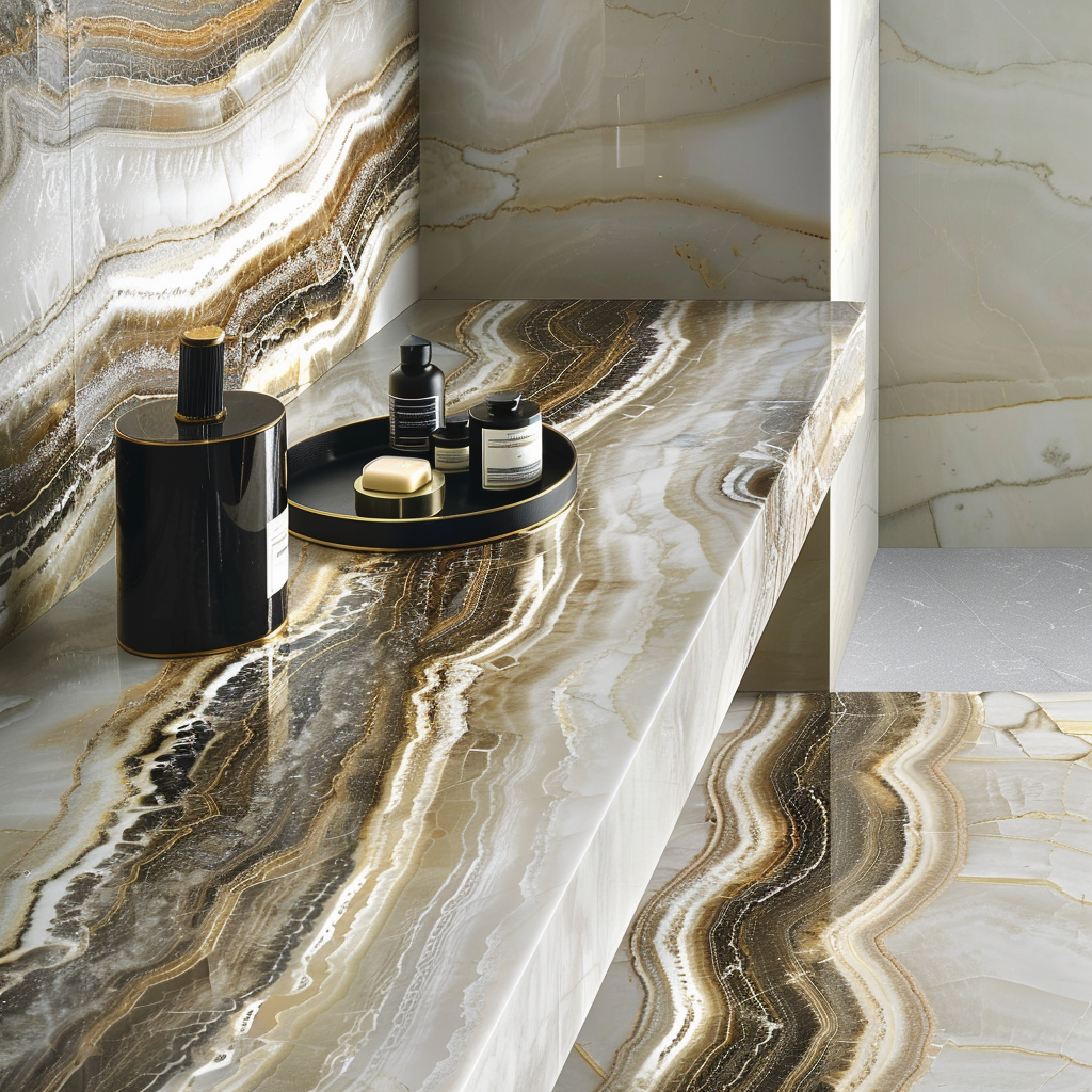 Close-up photograph of luxurious marble finishes in a high-end bathroom, highlighting intricate patterns, rich textures, and unique veins and swirls with subtle, enhancing lighting.