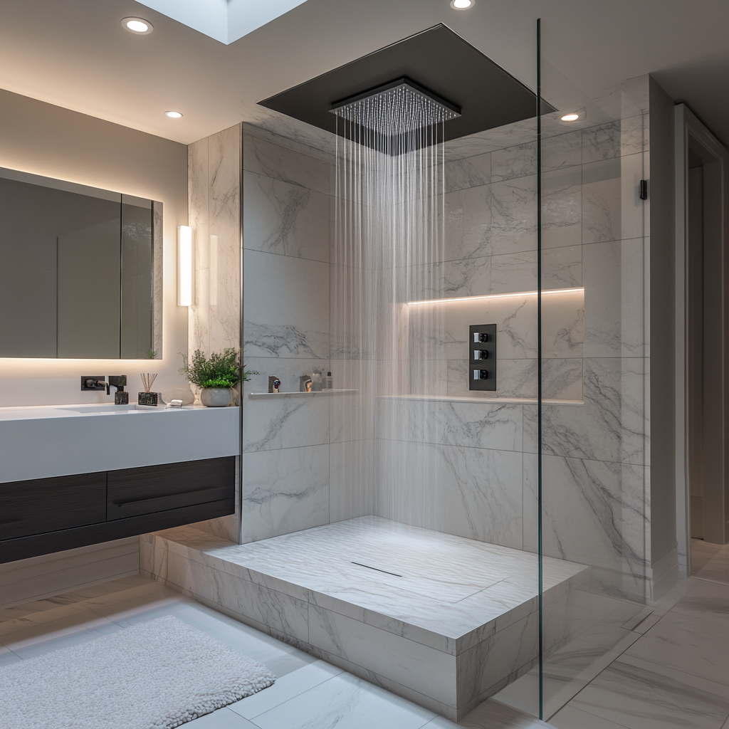 Luxurious contemporary bathroom with an advanced shower system featuring a frameless glass enclosure, high-pressure jet panels, mood lighting, and a floating vanity with a smart mirror.