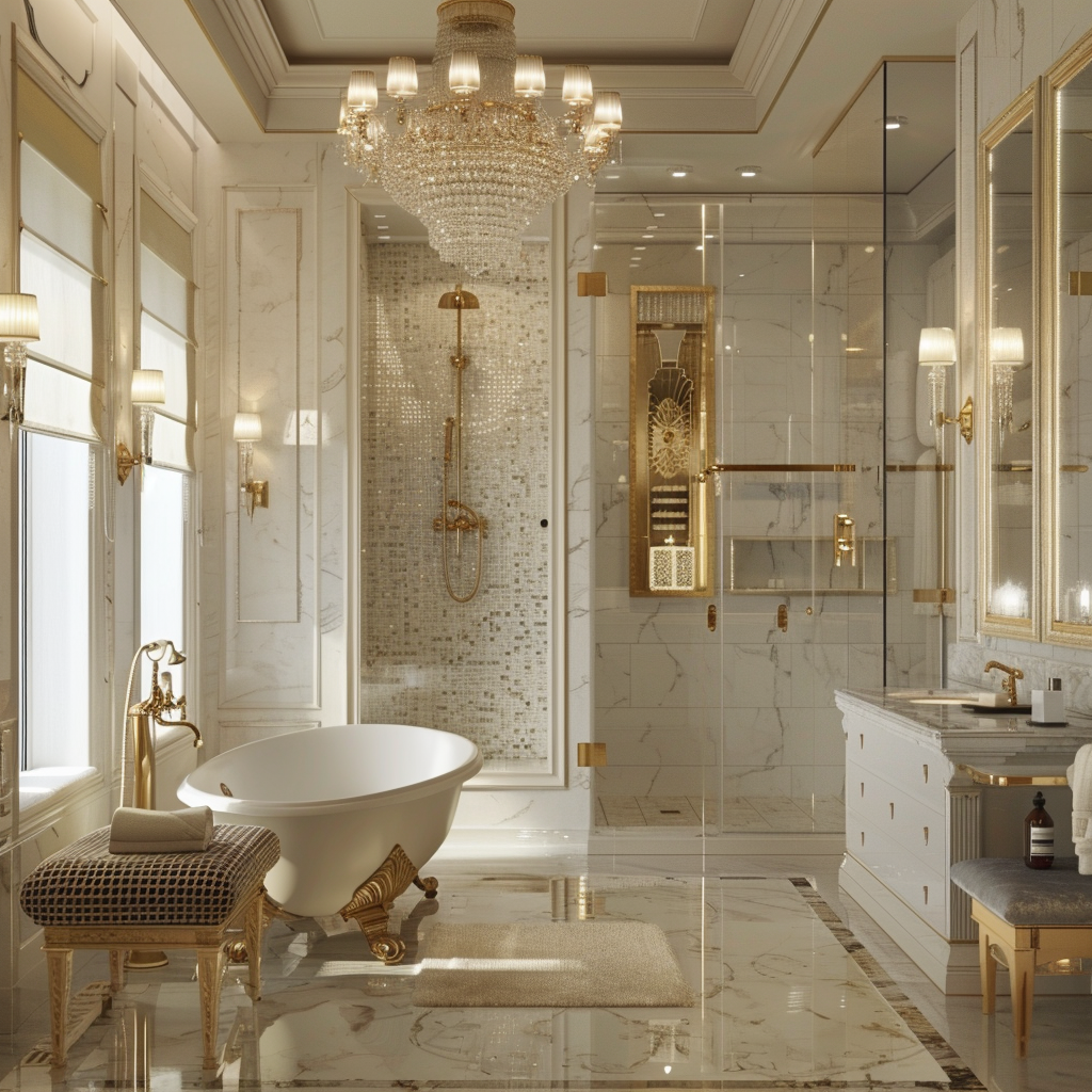 Elegant and sophisticated bathroom interior with a blend of modern and traditional design elements. Features include a freestanding bathtub under a chandelier, a glass-encased shower with gold fittings, and a double vanity with a marble countertop. Neutral color palette with gold and chrome accents, polished marble floors, and a mosaic feature wall.