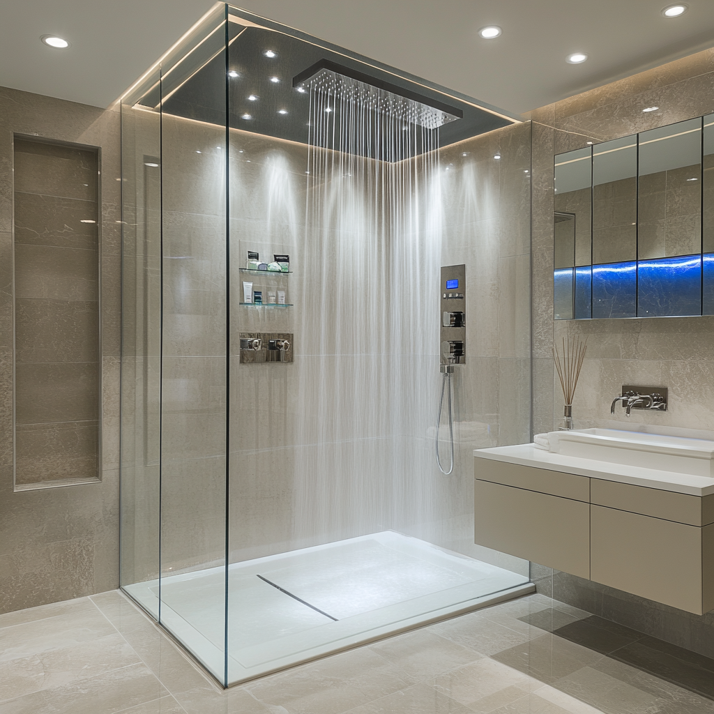 Luxurious and contemporary bathroom with an advanced shower system, featuring a frameless glass enclosure, high-pressure jet panels, customizable mood lighting, and a floating vanity with smart mirror.