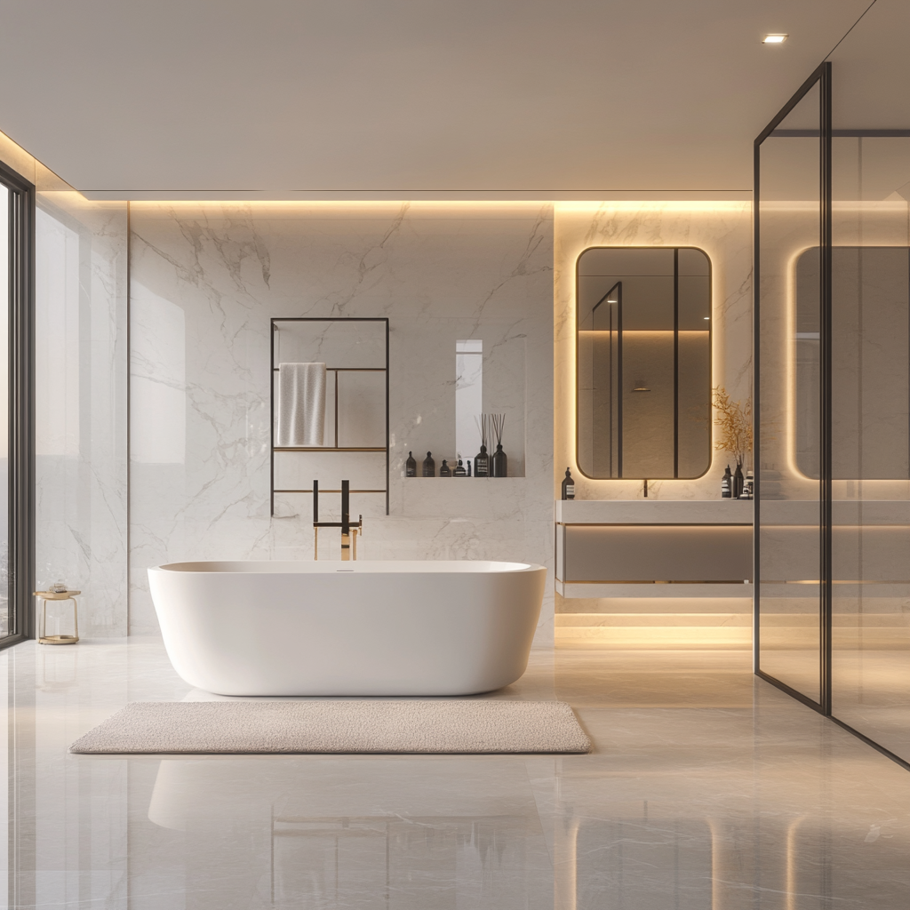 Spacious contemporary luxury bathroom with a freestanding bathtub, walk-in shower, floating vanity, smart mirrors, and high-tech amenities. White marble interior with soft gray accents and brushed gold finishes, captured in a photorealistic 8K resolution image.