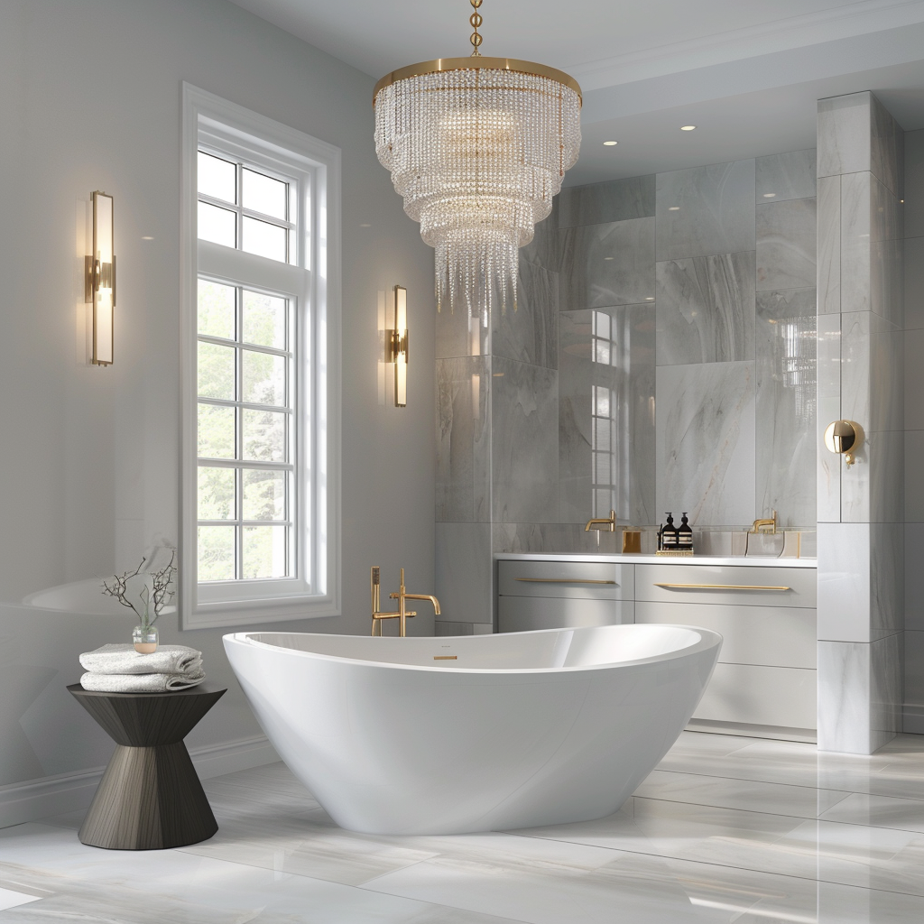 Opulent modern contemporary bathroom with a white freestanding tub under a grand window, marble-look porcelain tiles, a gold-trimmed glass shower, and a floating vanity with dual sinks.