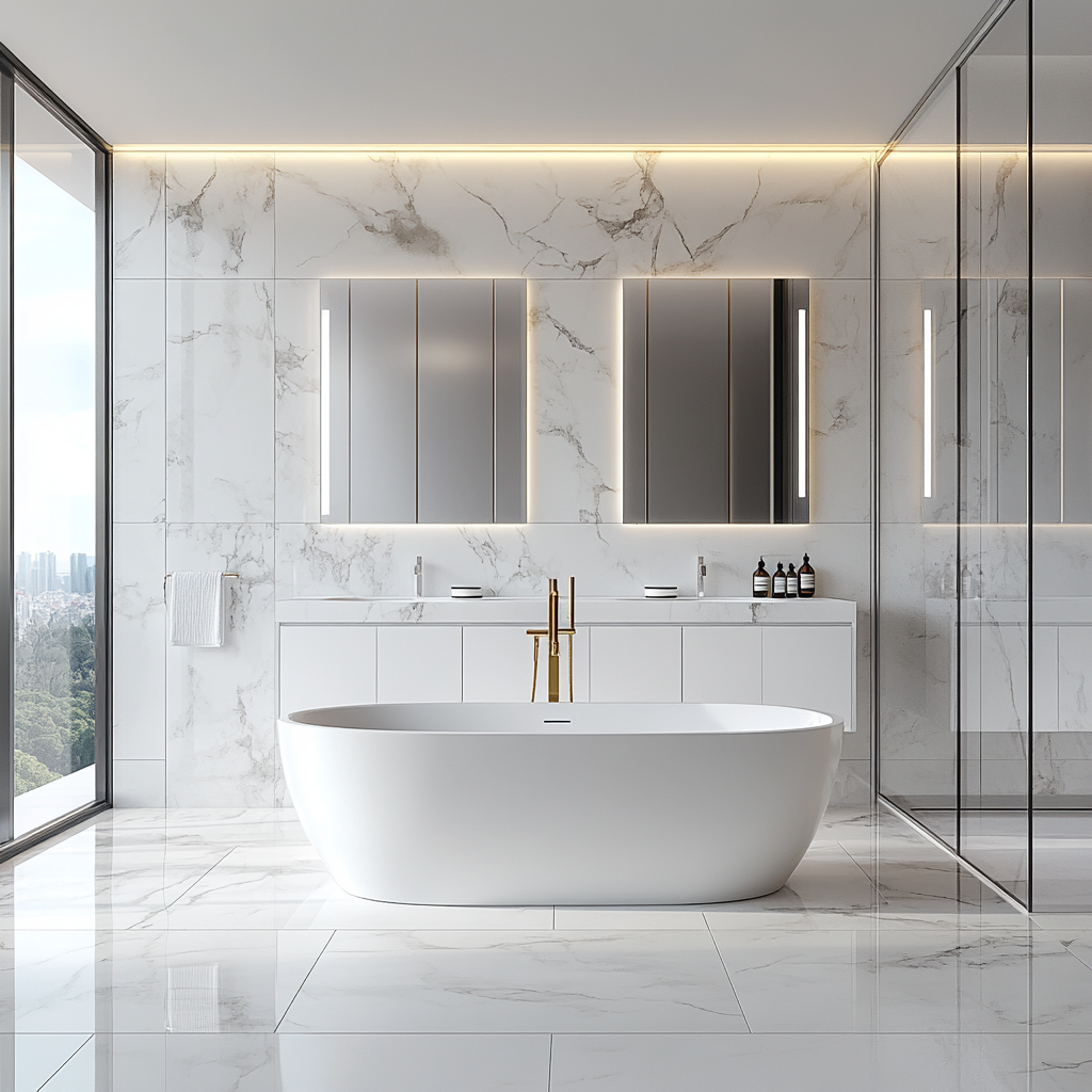 A photorealistic luxury contemporary bathroom with a white marble and soft gray color palette, featuring a freestanding bathtub, walk-in shower with frameless glass doors, floating vanity with dual sinks and smart mirrors, towel warmer, and high-tech accessories, captured in 8K resolution.