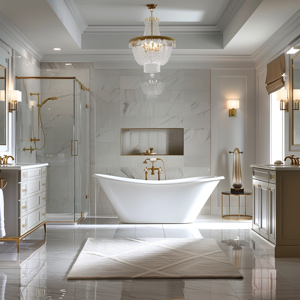 Sophisticated bathroom interior with a luxurious contemporary design, showcasing a freestanding bathtub, modern glass-encased shower, and classic double vanity, accentuated by gold and chrome details.