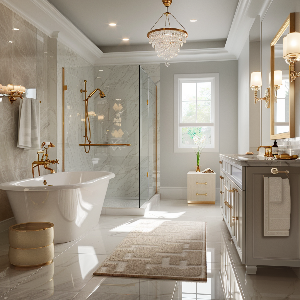 Luxurious contemporary bathroom featuring a freestanding bathtub under a chandelier, a glass-encased shower with gold-plated fittings, and a classic double vanity with chrome fixtures and a marble countertop, all captured in a photorealistic 8K interior shot.