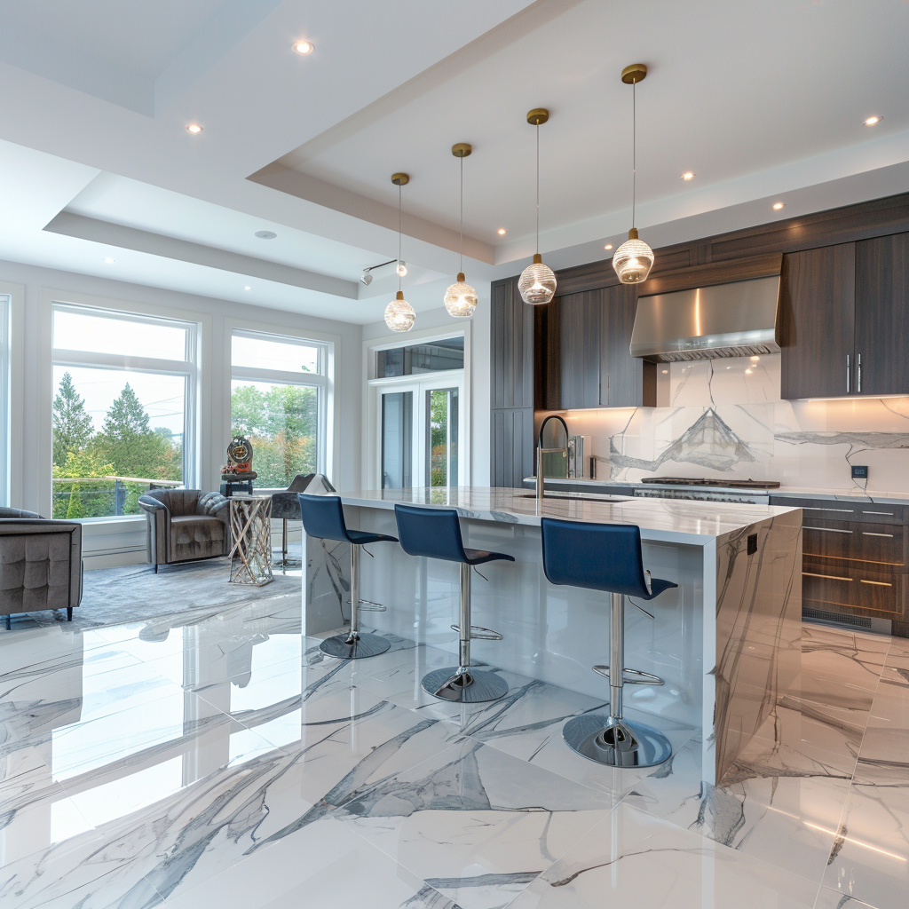 Contemporary kitchen with affordable elegant flooring, featuring a white marble-topped island, pendant lights, cool grey and crisp white color palette, deep blue accents, metallic silver touches, high-gloss cabinetry, matte flooring, and a brushed steel ceramic tile backsplash.