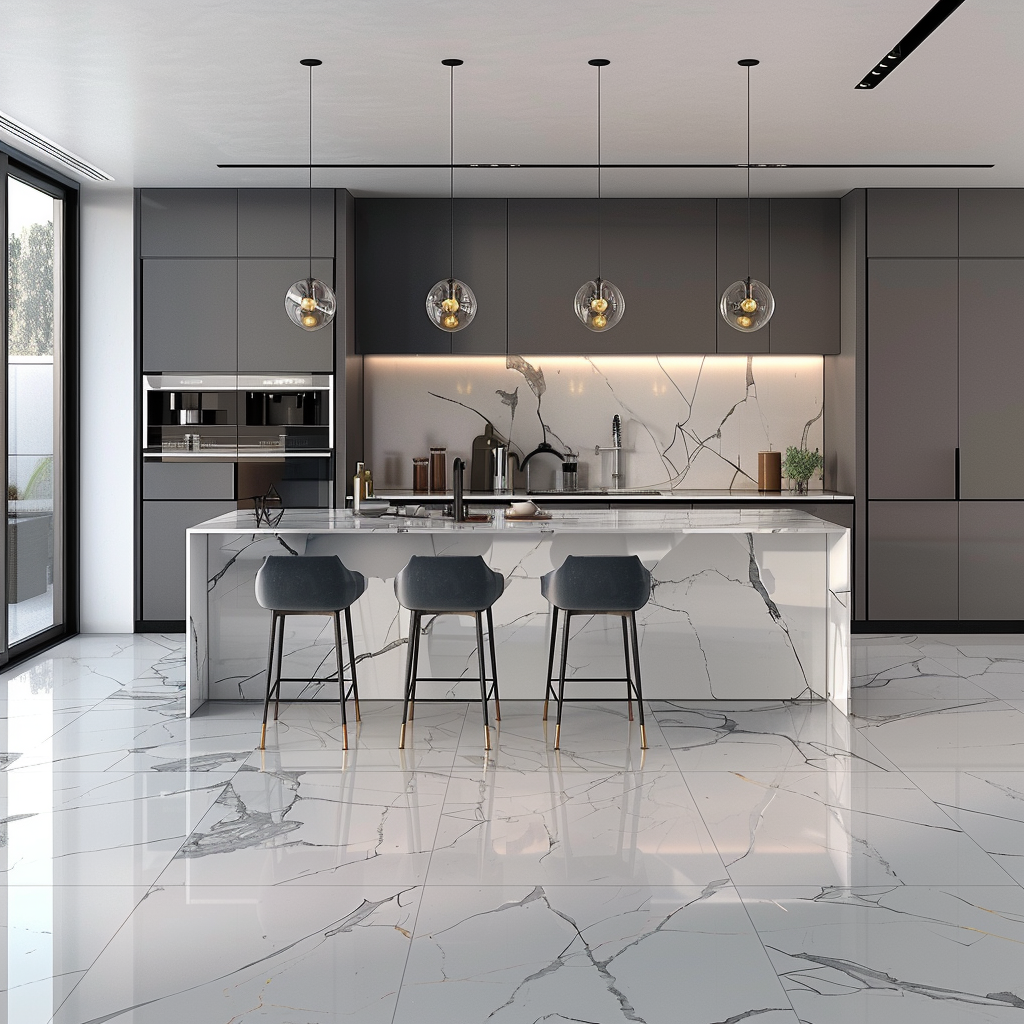 Luxurious contemporary kitchen with affordable flooring, featuring a white marble-topped island, pendant lights, large windows, vinyl and laminate flooring mimicking wood and marble, high-gloss cabinetry, and metallic accents, captured in 8K resolution.