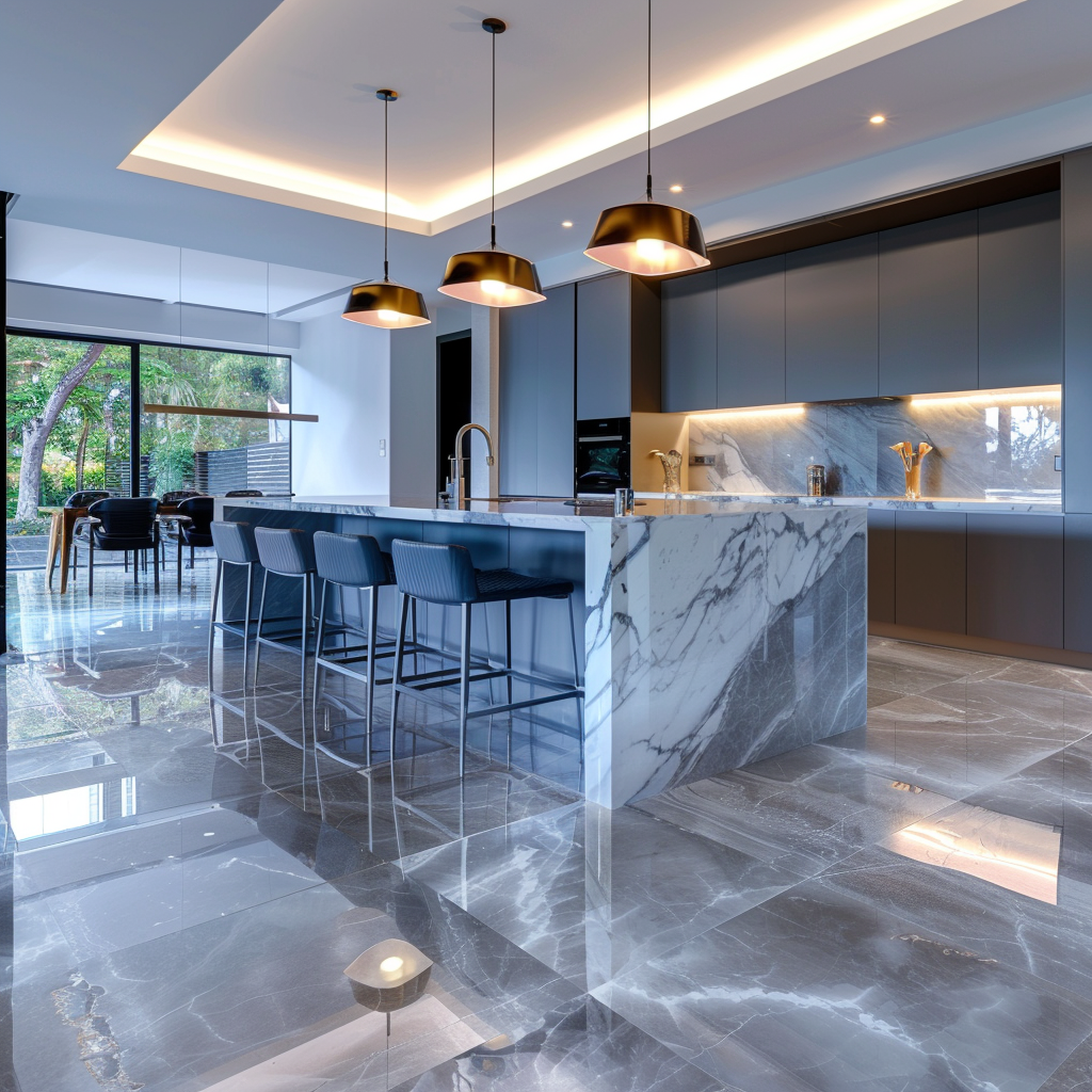 Luxurious contemporary kitchen with budget-friendly elegant flooring options that mimic wood and stone, featuring a white marble-topped island, cool greys and white color palette, and metallic accents.