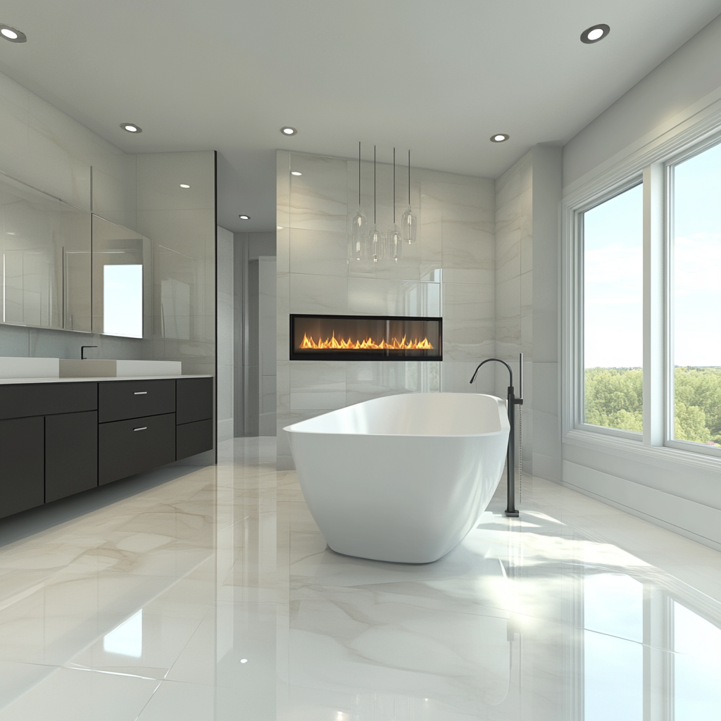 A photorealistic rendering of a luxurious contemporary master bathroom showcasing high-gloss porcelain tiles, a cool gray and white color scheme, matte black hardware, a floating vanity, a freestanding tub under a large window, a glass-enclosed walk-in shower with chrome details, recessed ceiling lights, a statement pendant light, and a wall-mounted electric fireplace.