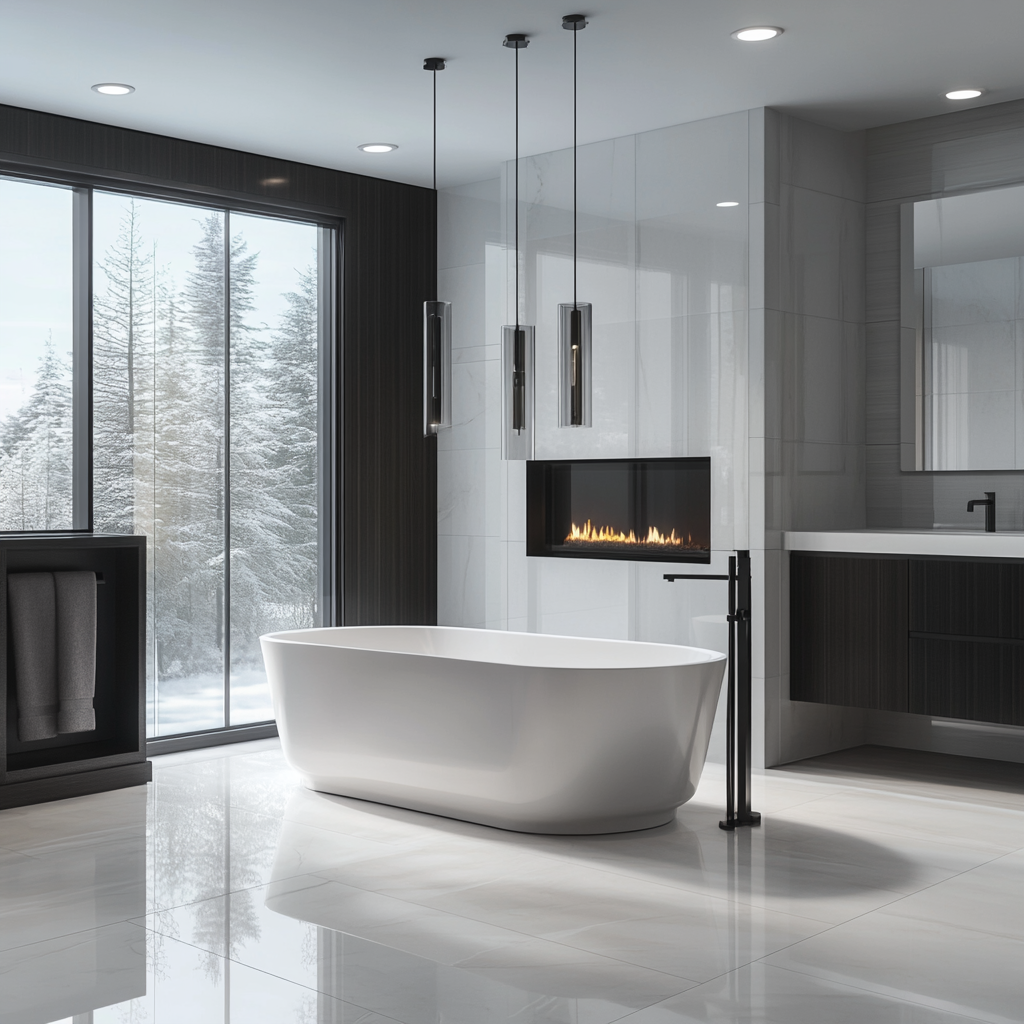 A luxurious contemporary master bathroom with high-gloss porcelain tiles, sleek floating vanity, freestanding tub under a large window, glass-enclosed walk-in shower, matte black hardware, chrome details, a minimalist electric fireplace, and sophisticated lighting, showcasing a symphony of cool grays and crisp whites.