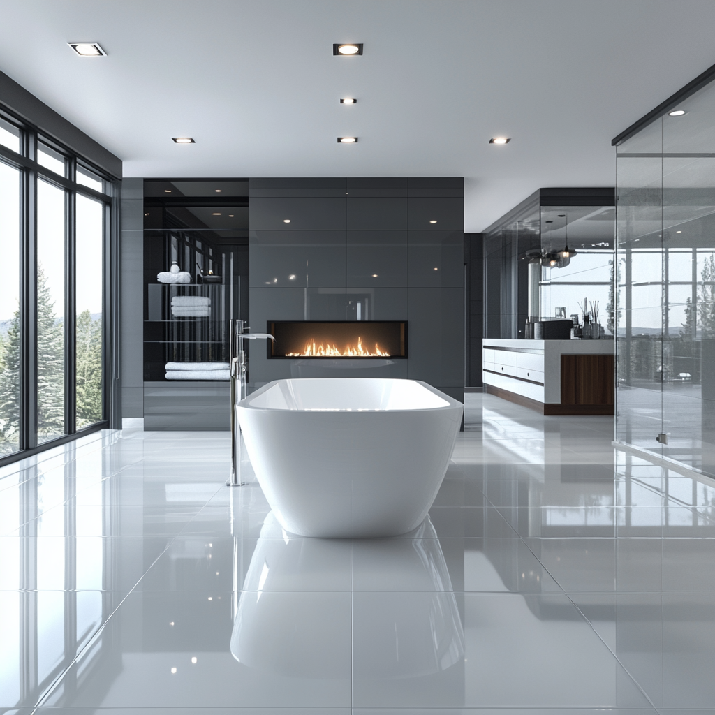 Rendering of a contemporary master bathroom featuring high-gloss porcelain tiles, a floating vanity, a freestanding white tub under a large window, a glass-enclosed walk-in shower, matte black hardware, and a minimalist wall-mounted electric fireplace with balanced lighting.