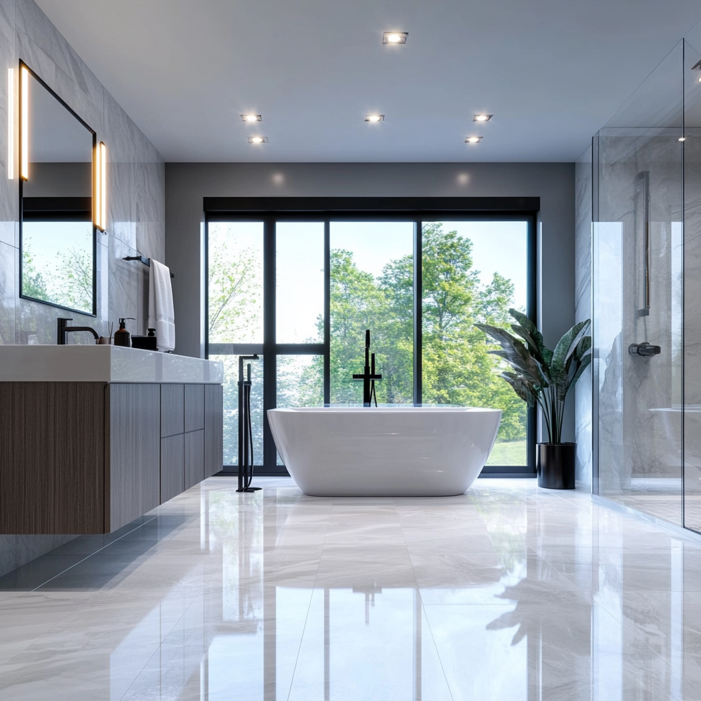 Contemporary master bathroom with high-gloss porcelain tiles, floating vanity, freestanding tub under a large window, matte black fixtures, glass-enclosed walk-in shower, and wall-mounted electric fireplace, illuminated by recessed lighting, a pendant light, and natural daylight.