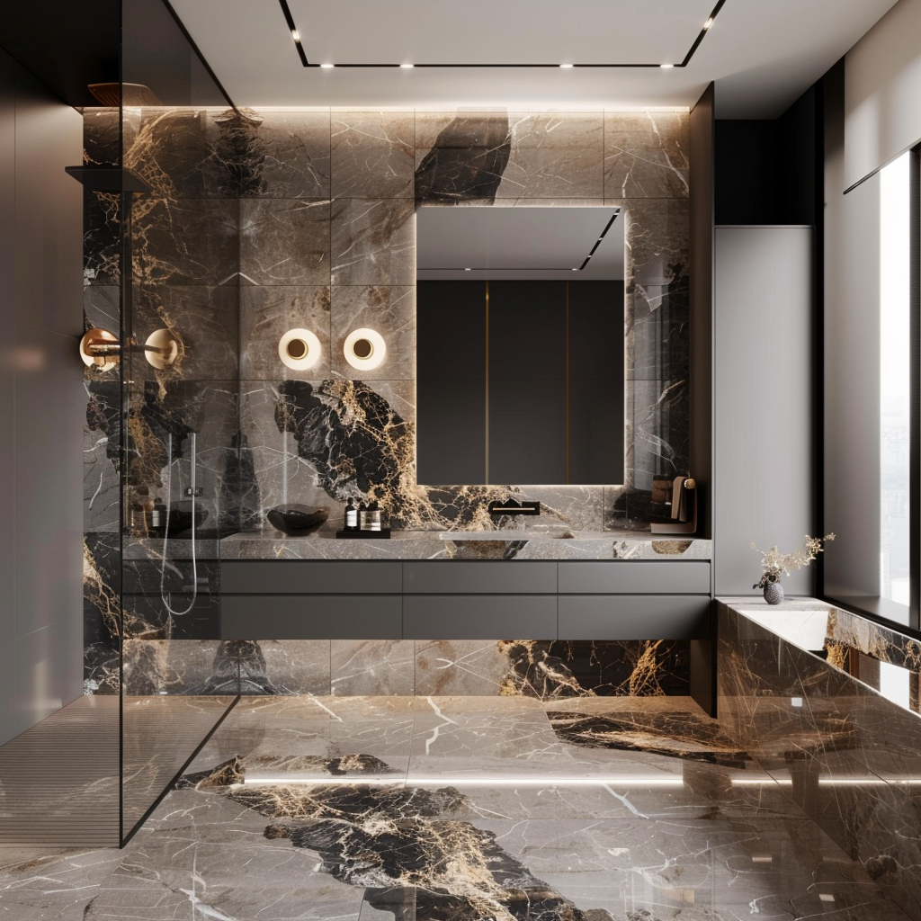 Sophisticated contemporary minimalist bathroom with a bold veined countertop, sleek wall-mounted vanity, high-gloss cabinetry, natural and artificial lighting, frameless mirror, and glass-enclosed oversized walk-in shower.