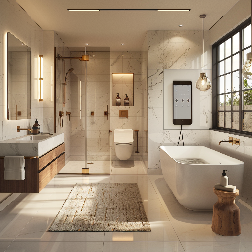 High-definition 8K image of a luxurious contemporary bathroom with smart technology, featuring sleek lines, a white and gray color scheme, brushed gold fixtures, walnut accents, and key elements like a wall-mounted vanity, designer tub, smart toilet, and modern lighting.