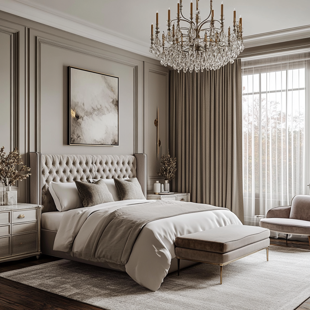 A luxurious couple's bedroom featuring a king-sized bed with a tufted headboard, marble-topped nightstands, a French-inspired dressing area with a mirrored vanity, and a reading nook with a chaise longue under a delicate chandelier. The room blends modern and traditional elements in a neutral color palette with subtle gold accents.