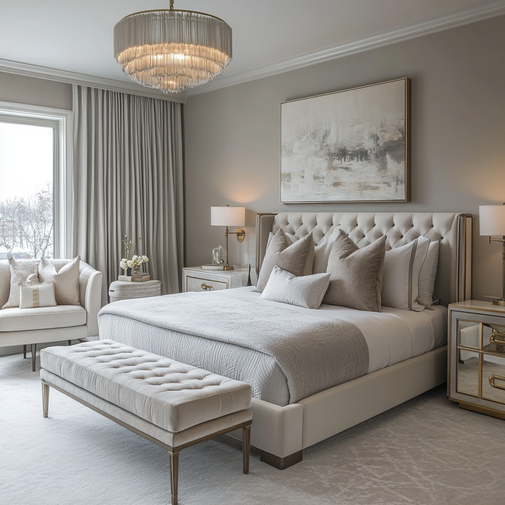 Luxurious couple's bedroom blending modern and traditional design elements with a plush king-sized bed, marble-topped nightstands, French-inspired dressing area, and cozy reading nook beneath a chandelier. Neutral color palette with creamy whites, rich greys, and gold accents.