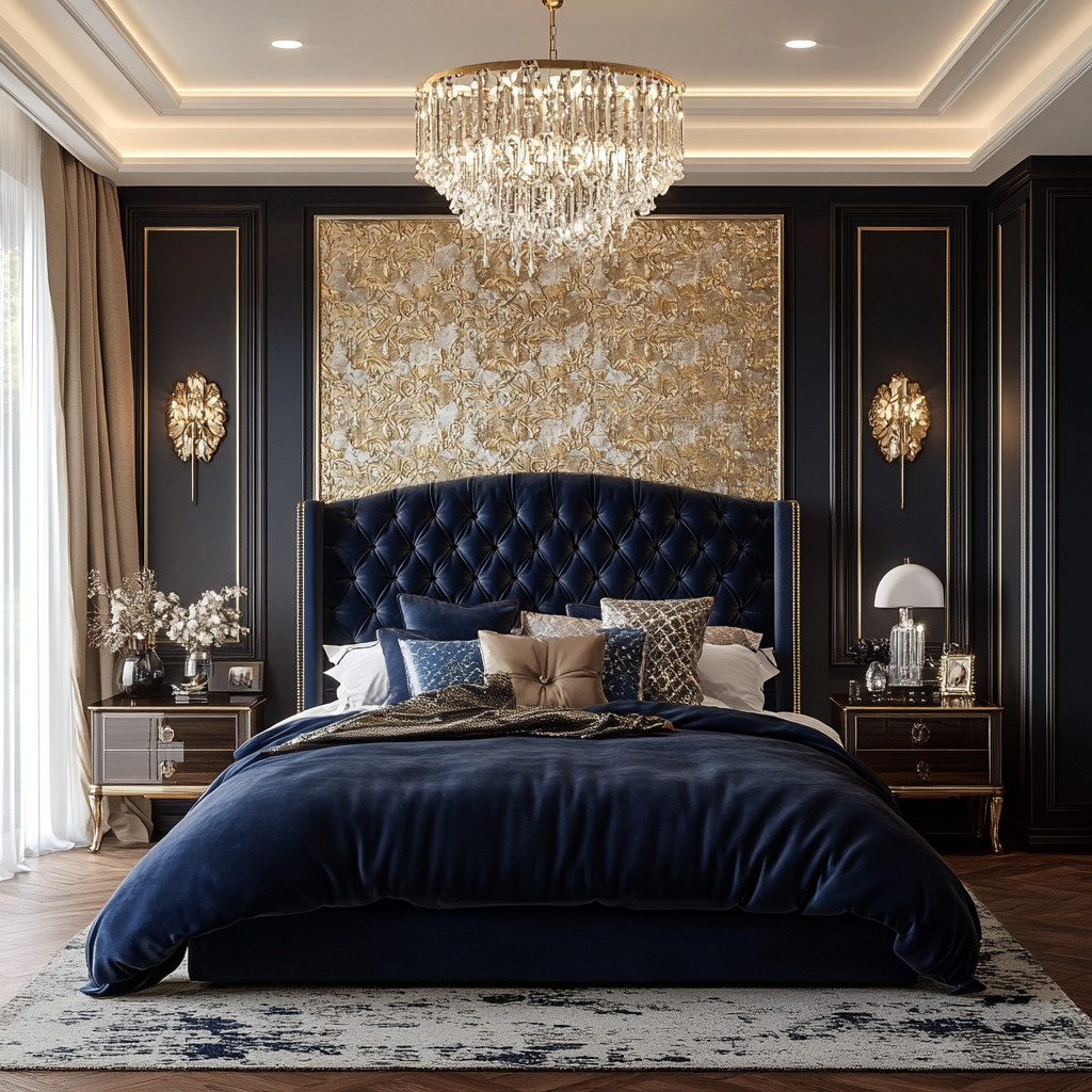 Luxurious bedroom with a king-sized bed in navy velvet against a gold-leafed feature wall, flanked by mahogany nightstands and modern table lamps. A statement chandelier with golden teardrops hangs above, with natural light filtering through sheer curtains on either side of a large bay window.