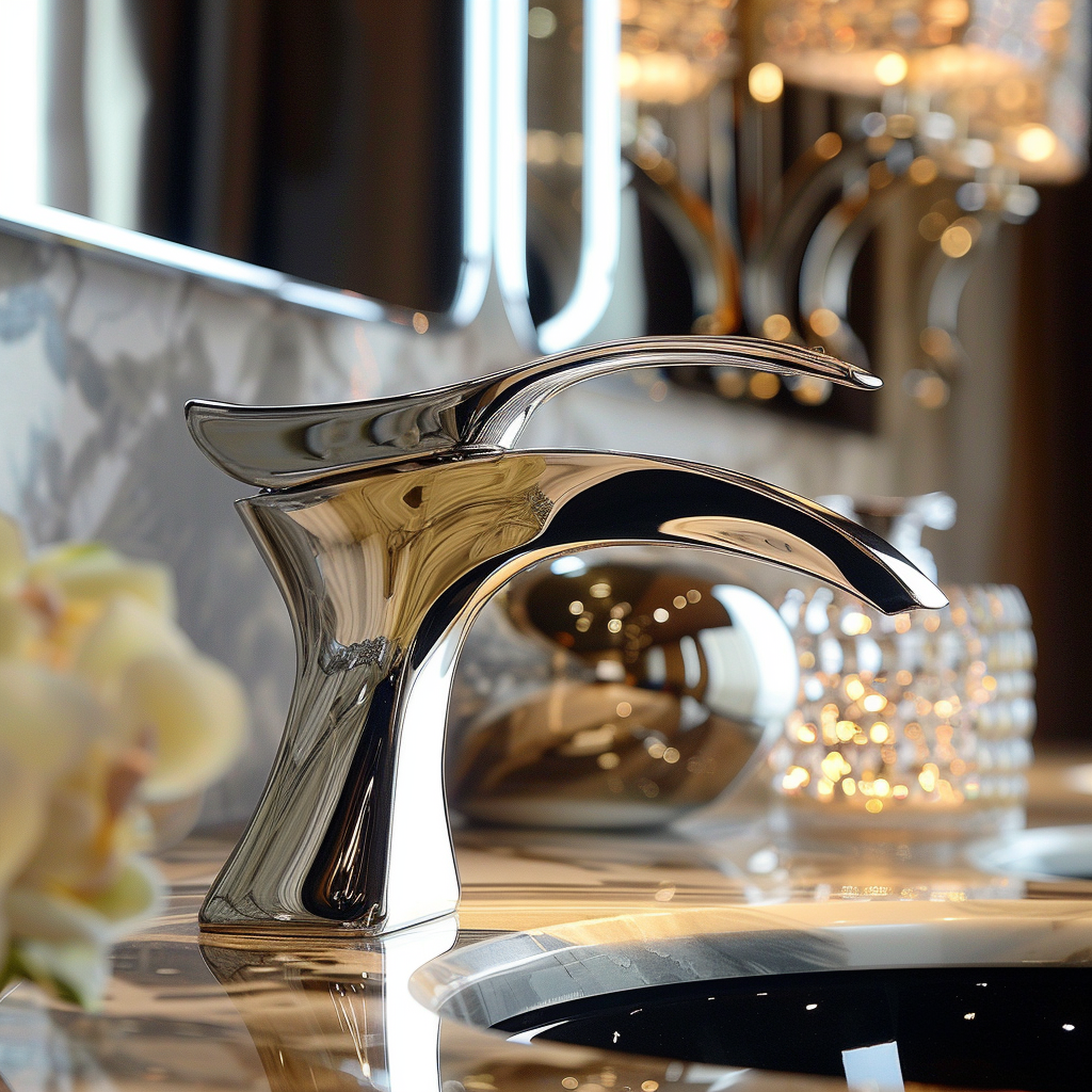 Close-up of a polished chrome designer faucet on a marble vanity top, with a blurred background featuring opulent bathroom fixtures and soft natural lighting.