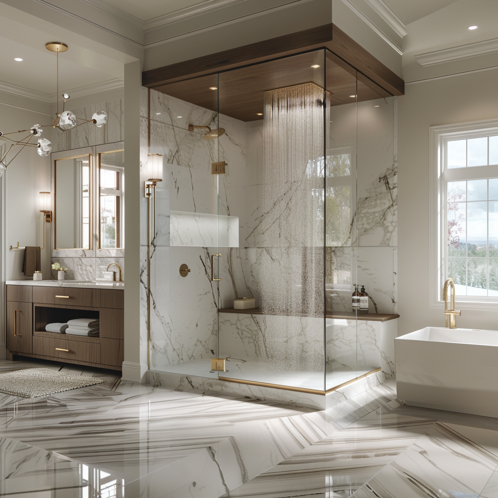 Luxurious grand bathroom featuring a magnificent waterfall shower, freestanding bathtub, floating vanity with dual sinks, and a large frameless mirror. The space combines modern design with classic luxury elements, serene colors, and high-end finishes presented with photorealistic detail.