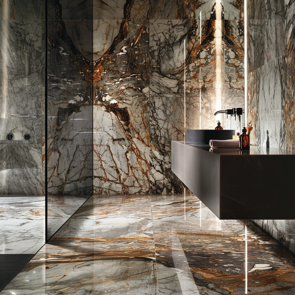 Close-up photograph of a luxurious high-end bathroom with exotic marble finishes, showcasing intricate patterns, rich textures, and unique veins and swirls of the marble in a custom vanity top, walls, or walk-in shower area.