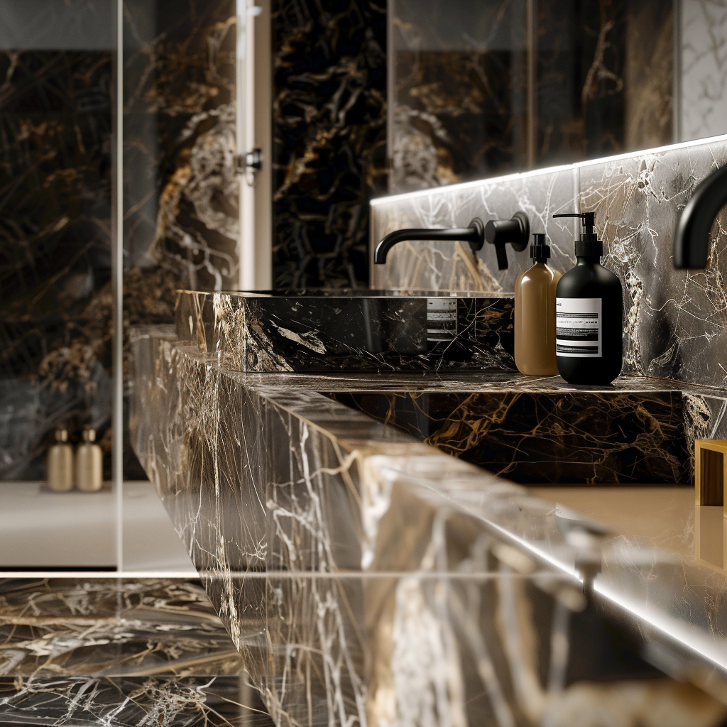 Close-up photo of a high-end bathroom featuring exotic marble finishes with intricate patterns, rich textures, and unique veins, highlighted by subtle lighting.