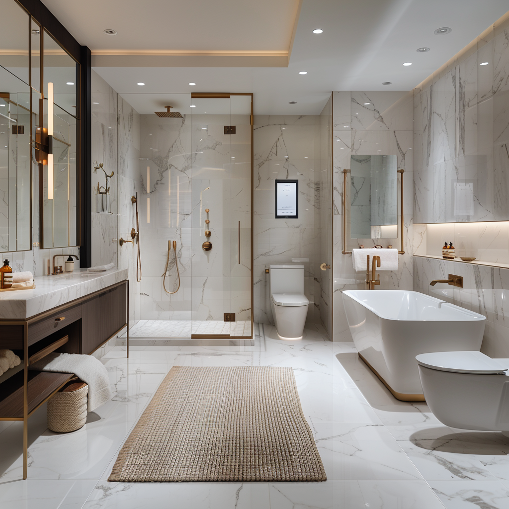 Luxurious contemporary bathroom with smart technology including intelligent mirrors, designer tub, smart toilet, programmable shower, and voice-operated tub with chromotherapy, featuring brushed gold fixtures, walnut accents, and illuminated by a frosted window and LED lights.