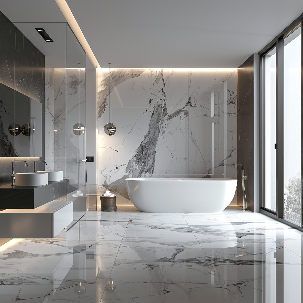 A luxurious and modern minimalist marble bathroom featuring cool whites and greys, a floating vanity, a freestanding soaking bathtub, a frameless glass shower enclosure, and a backlit marble statement wall. Photographed in 8K resolution with natural and LED lighting.