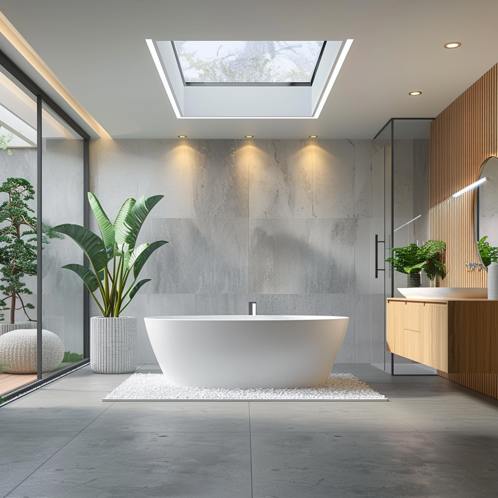 A spacious mid-century modern bathroom featuring a freestanding bathtub under a skylight, a sleek wall-mounted vanity with integrated sinks, tall frameless mirrors, recessed LED lights, polished concrete floors, terrazzo countertops, matte ceramic tiles, a large potted fern, and a custom glass-enclosed rain shower with body jets, all captured in 8K resolution.