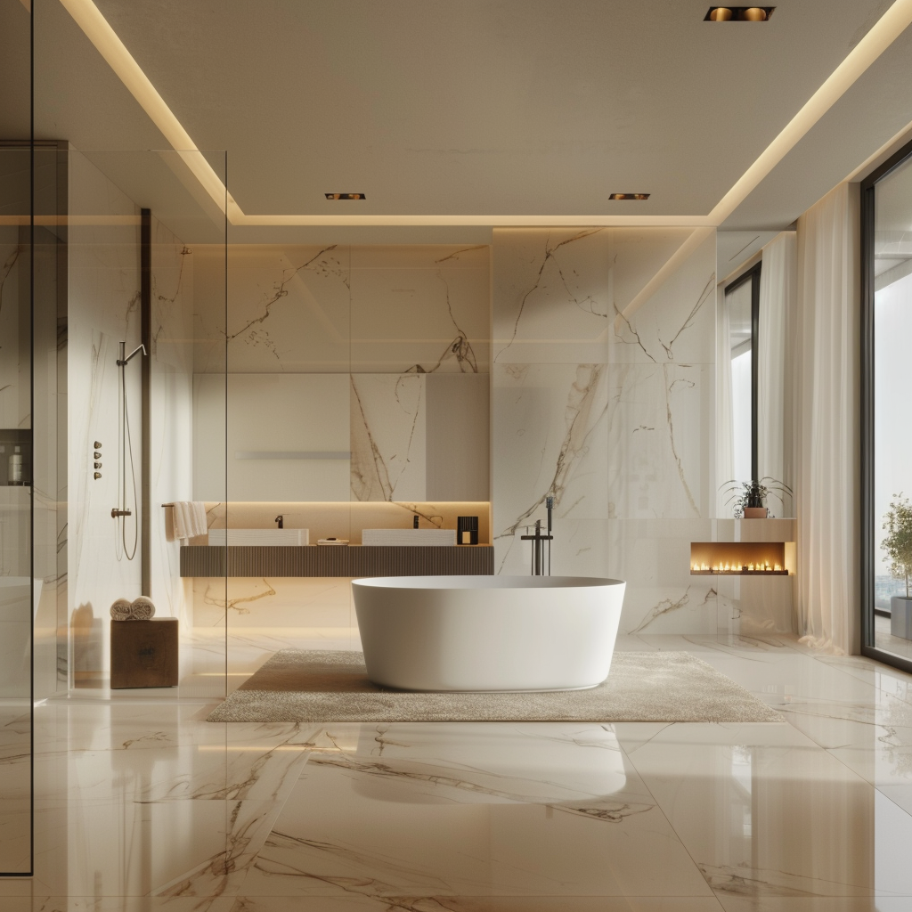 A luxuriously designed minimalist bathroom with a freestanding tub, floating vanity, walk-in shower, and an integrated fireplace, bathed in natural light.