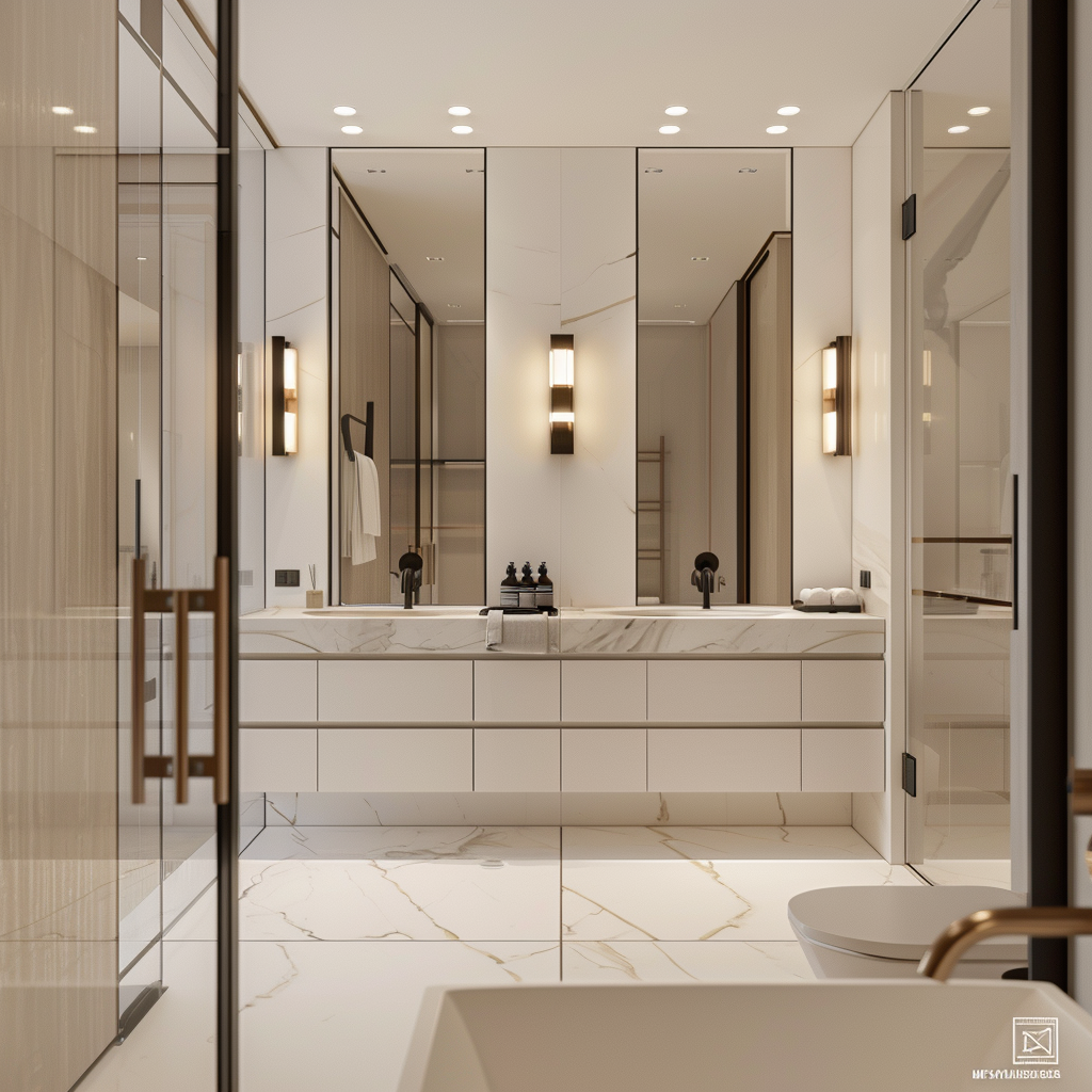 Luxurious minimalist bathroom with double vanity, white marble countertop, high-gloss white cabinetry, frameless mirrors, designer vessel sinks, freestanding tub, glass-enclosed shower, and frosted glass windows, featuring matte black and brushed gold accents.