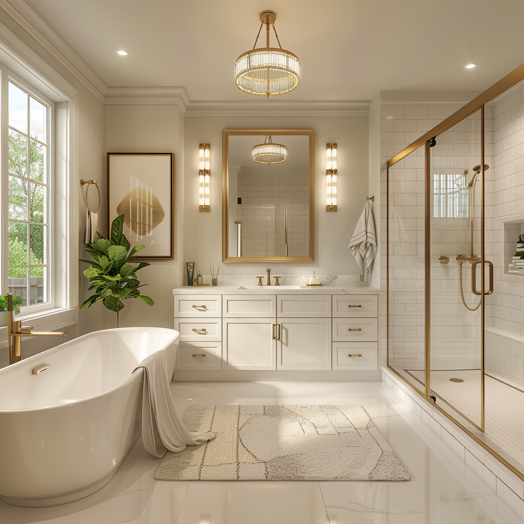 Photorealistic interior of a luxurious 2024 minimalist bathroom with a monochromatic white and beige color scheme, featuring gold fixtures, a floating vanity with gold-trimmed mirror, freestanding bathtub with gold faucet, and glass-enclosed shower. The room is lit by natural light, recessed ceiling lights, and a gold chandelier, with a gold-framed art piece and vertical garden wall adding unique touches.