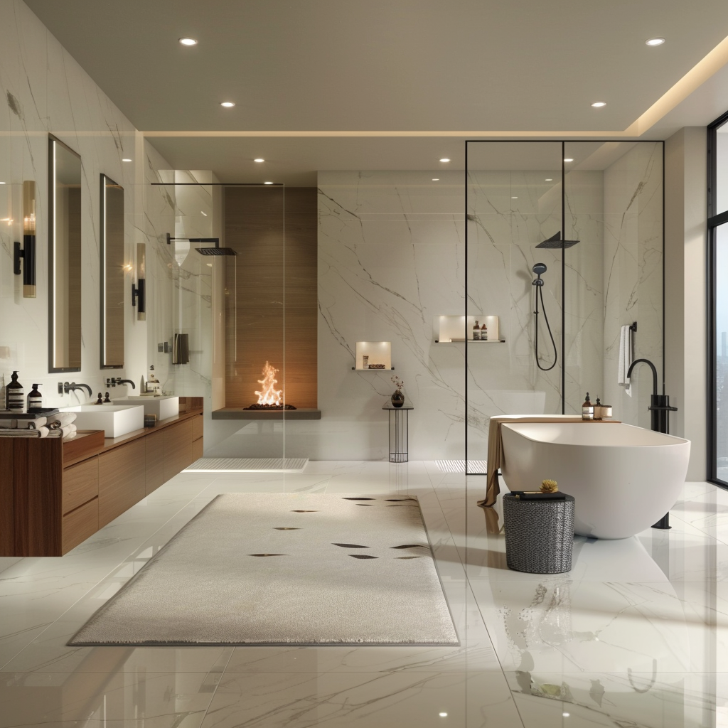 Photorealistic image of a luxurious minimalist bathroom featuring a freestanding tub, dual-sink floating vanity, glass walk-in shower, integrated fireplace, and polished marble surfaces, illuminated by natural light and recessed LED lights.