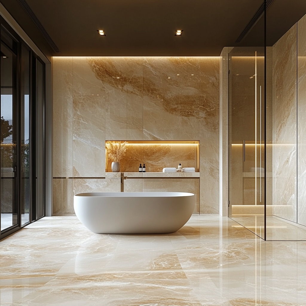 Spacious luxurious bathroom with minimalist design featuring a central freestanding soaking tub, floating vanity, frameless glass shower, and high-gloss stone flooring illuminated by natural light and recessed LED lights.