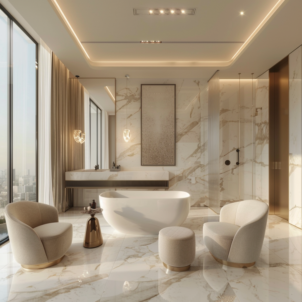 Luxurious open-concept bathroom featuring a freestanding bathtub, modern amenities, minimalist design, and a warm white color palette with brushed gold and deep navy accents.