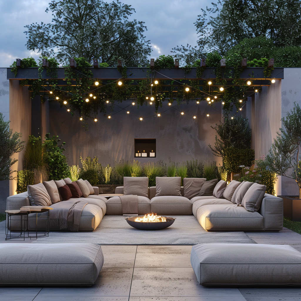 Modern minimalist outdoor living room at dusk with a U-shaped modular sofa, industrial fire pit, Edison bulb lighting, vertical herb garden, and lush greenery, captured in 8K resolution.